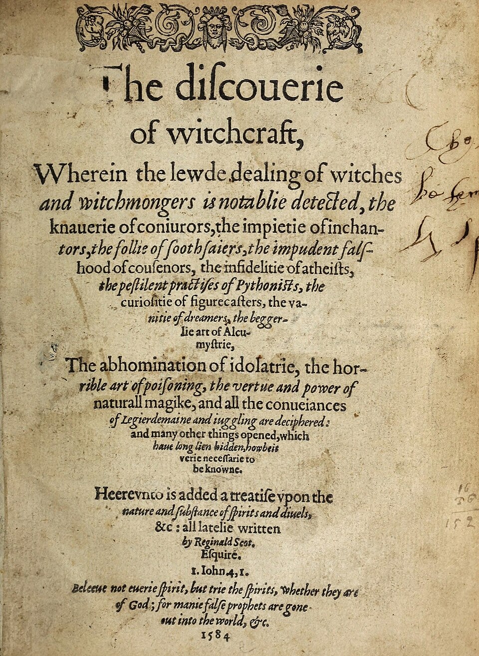 Title page of Reginald Scot's The Discoverie of Witchcraft, printed in 1584, which reproduced demon catalogue material later associated with the Goetia