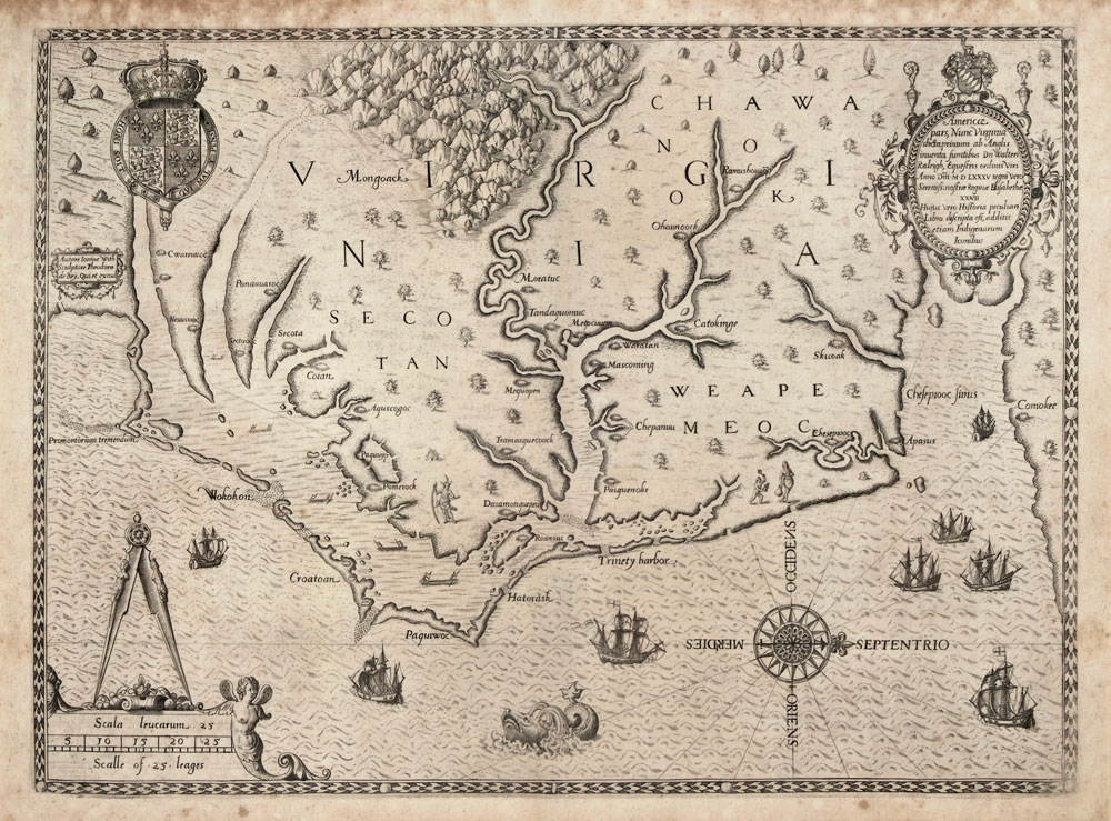 Theodor de Bry's 1591 engraved map of the coast around Roanoke Island and Croatoan, based on John White's survey