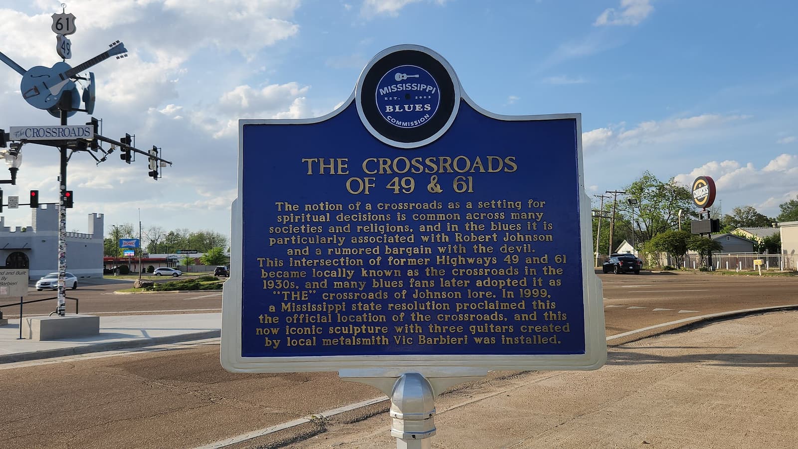 Mississippi Blues Trail marker at the crossroads of Highway 61 and Highway 49 in Clarksdale, associated with the Robert Johnson devil legend
