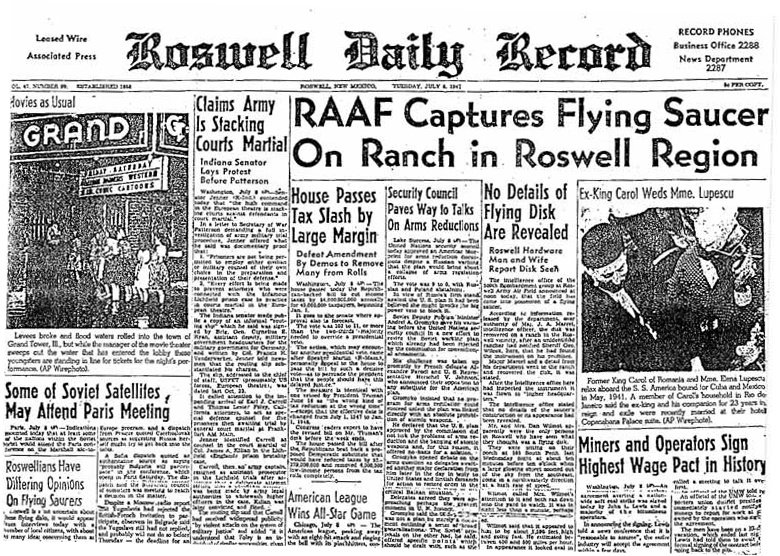 Front page of the Roswell Daily Record from July 8, 1947, with the headline about the 'flying disc' capture