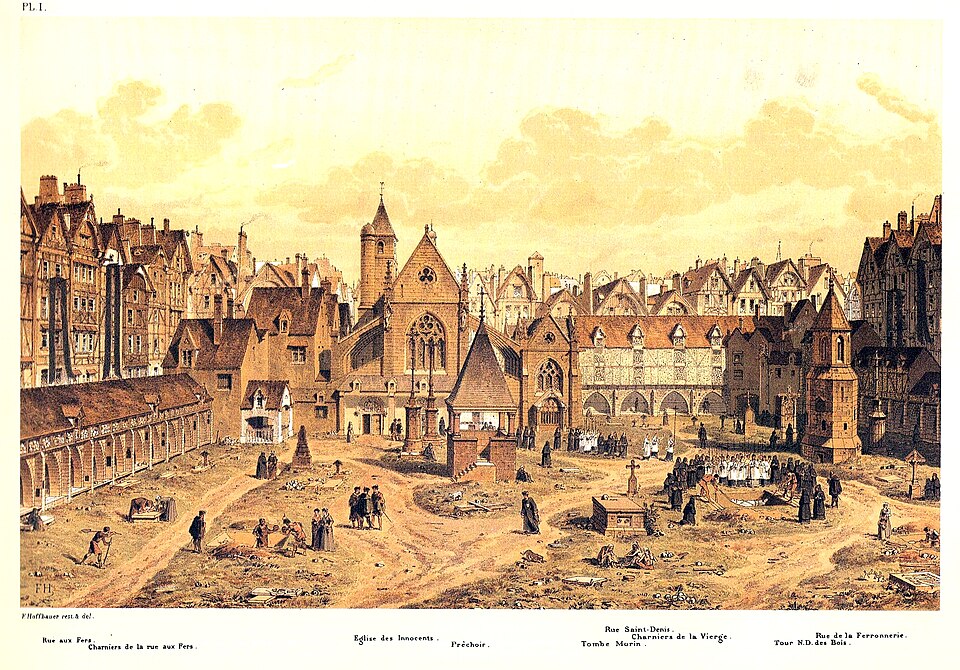 19th-century reconstruction illustration by Fedor Hoffbauer showing the Saints-Innocents cemetery and church as they appeared around 1550, before demolition