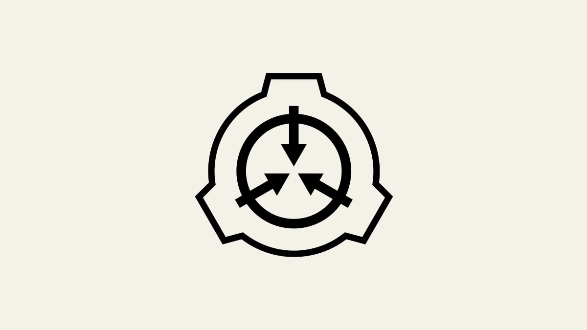 The SCP Foundation's circular emblem with three inward-pointing arrows on a pale background