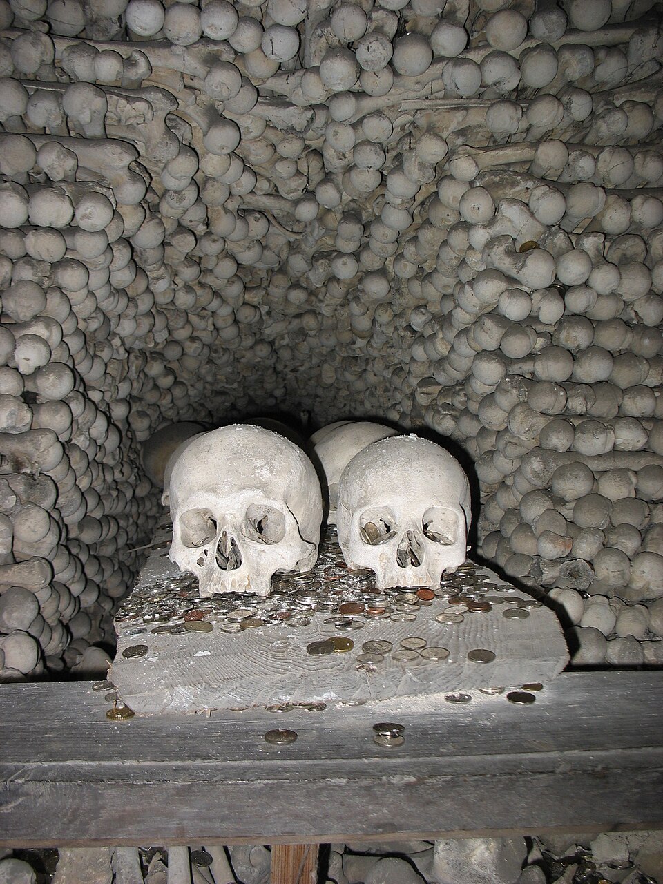 Two skulls resting on a wooden ledge at Sedlec Ossuary, set against a wall built from stacked bones