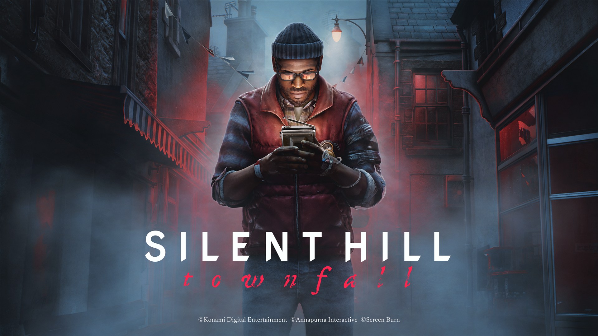 Official Silent Hill: Townfall launch image showing Simon Ordell holding a CRTV on a foggy street
