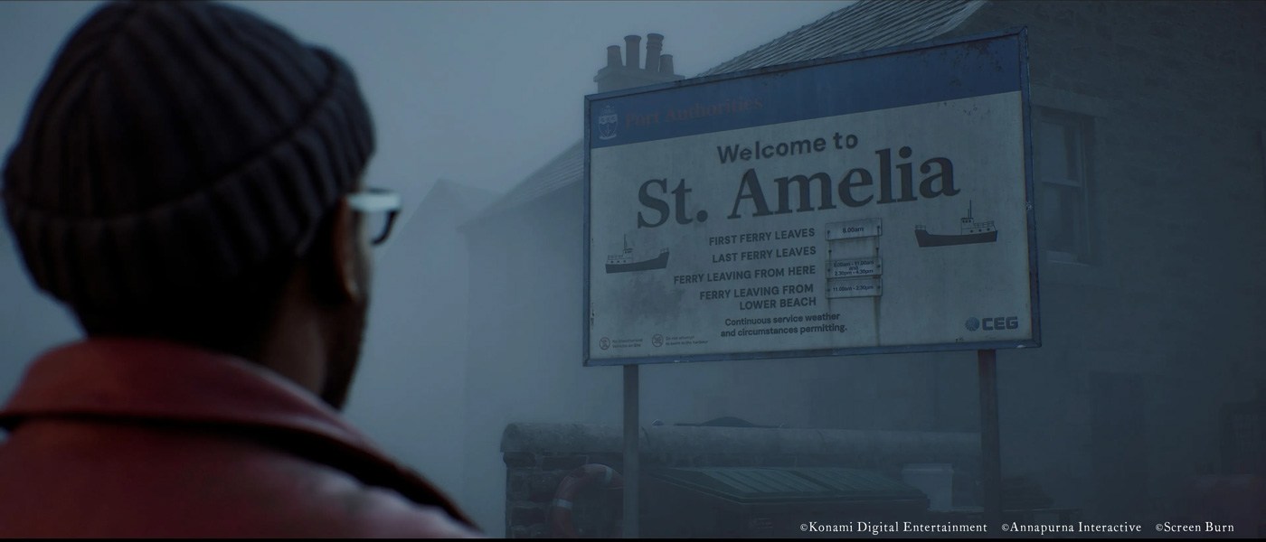 Simon Ordell faces a St. Amelia welcome sign in the fog in an official Silent Hill: Townfall screenshot