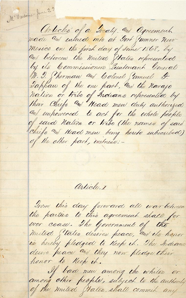 Front page of the 1868 treaty between the United States and the Navajo people