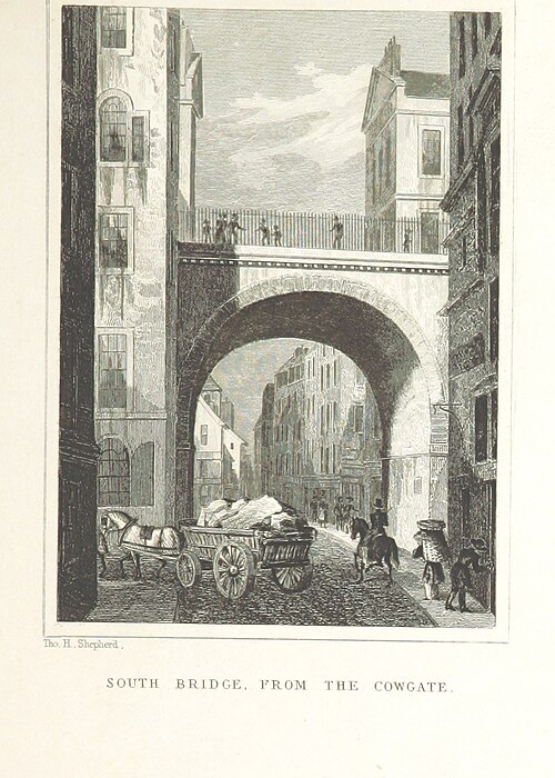 1829 engraving of South Bridge seen from the Cowgate, showing the bridge's arch and the vaulted structure beneath it
