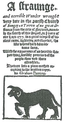 Title page of Abraham Fleming's 1577 pamphlet A Straunge and Terrible Wunder, showing a woodcut of a monstrous dog