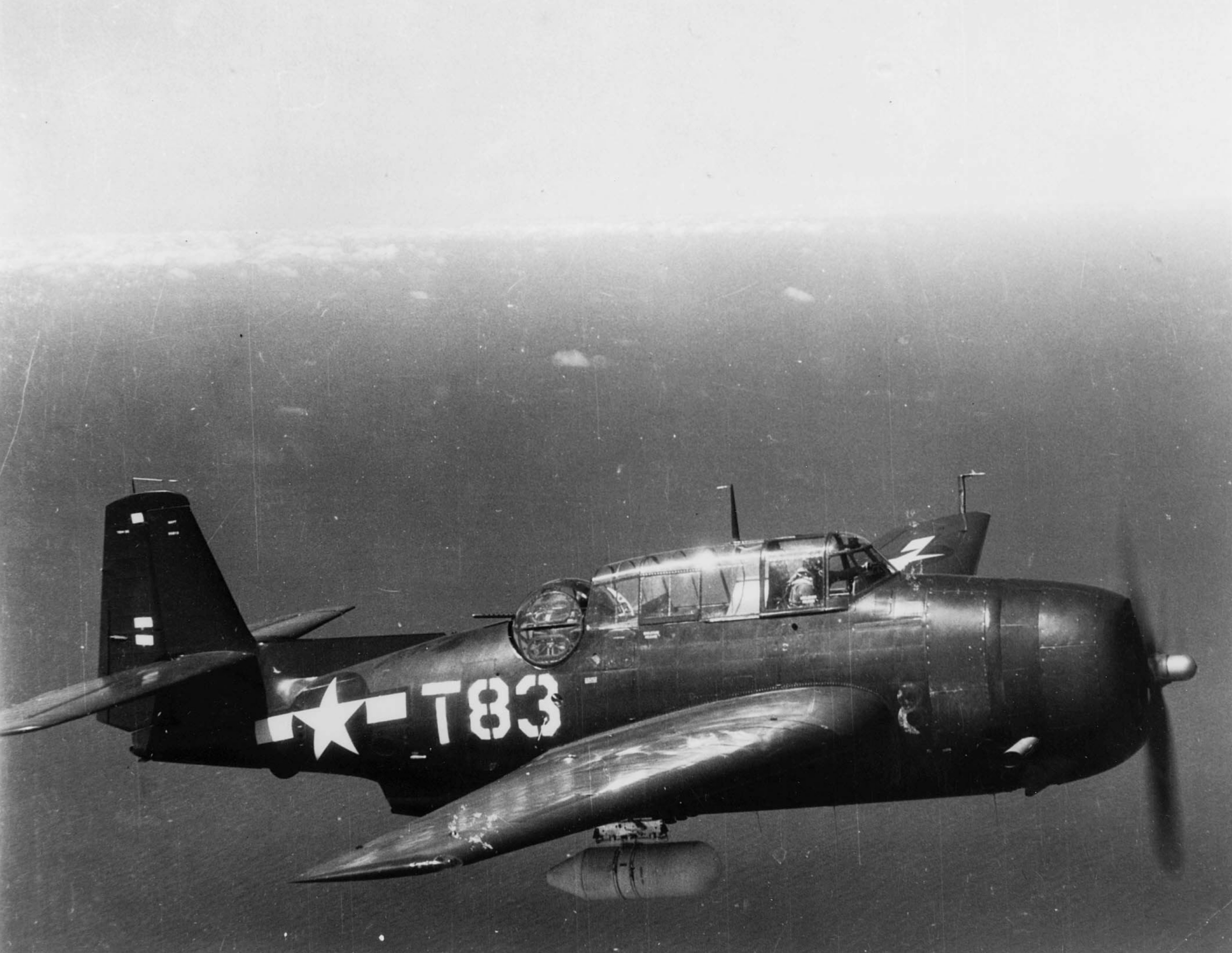 A U.S. Navy TBM-3E Avenger torpedo bomber in flight, 1945 — the same type flown by the five aircraft of Flight 19
