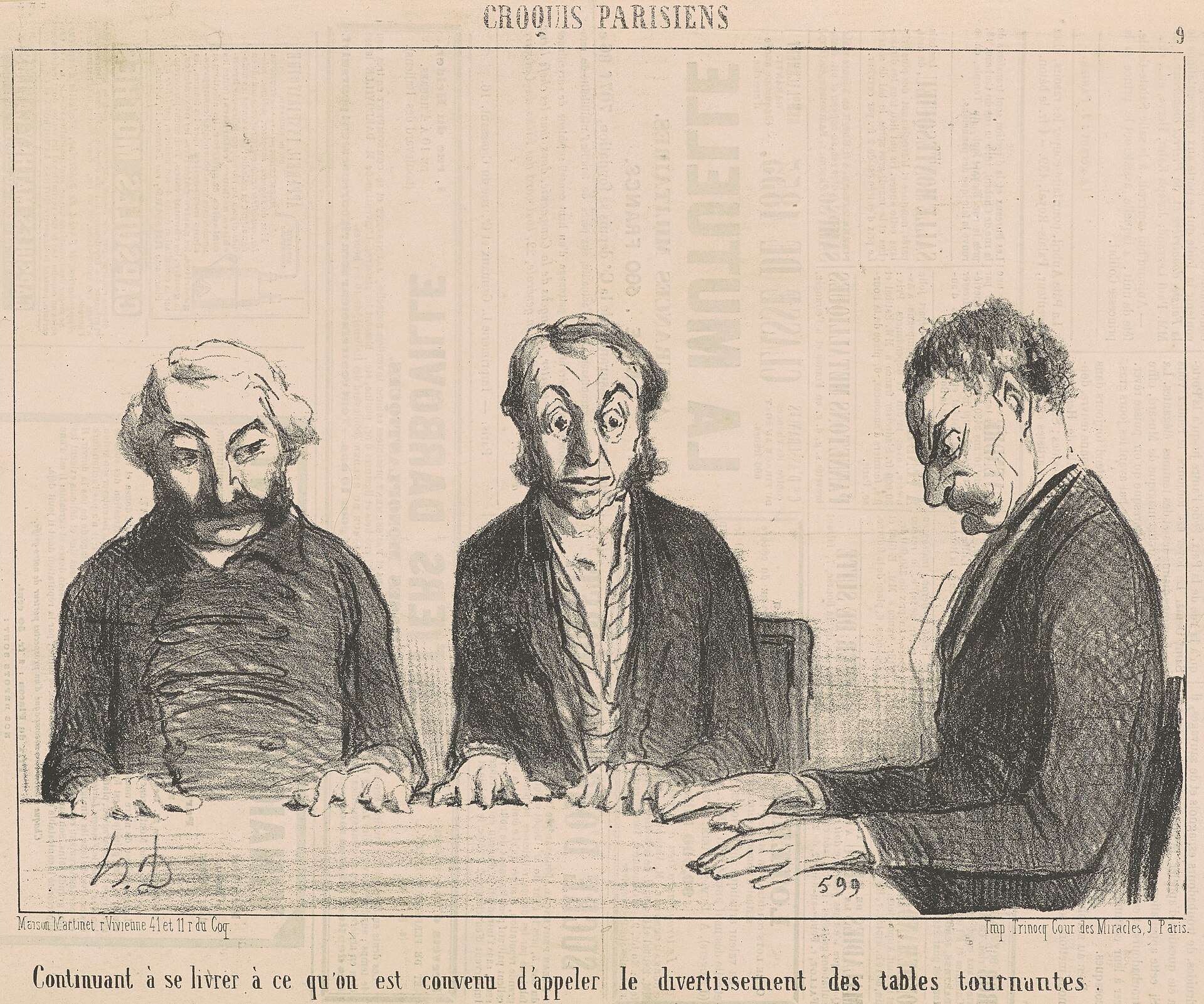 Honoré Daumier lithograph of three people resting their hands on a table, satirizing the nineteenth-century table-turning craze