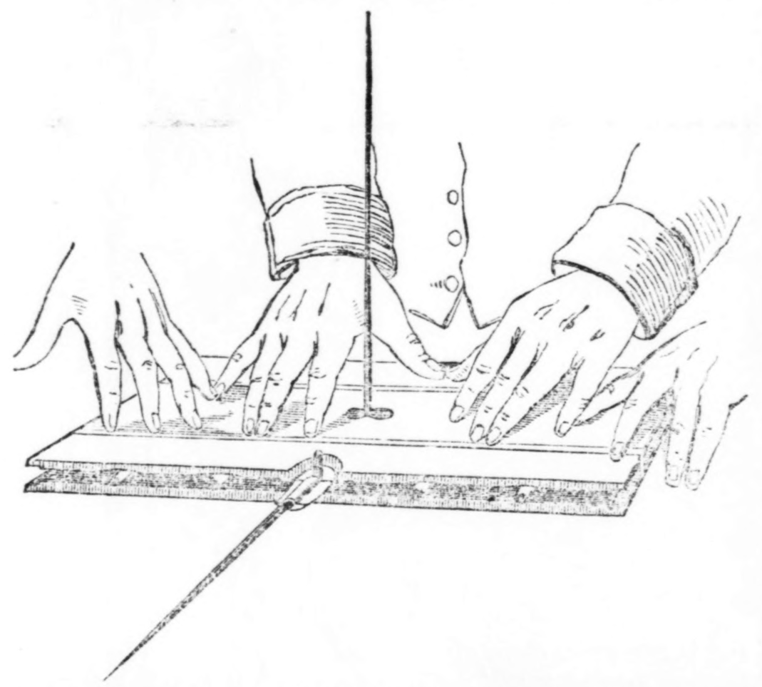1853 Illustrated London News drawing of hands on Faraday's layered apparatus for testing table movement