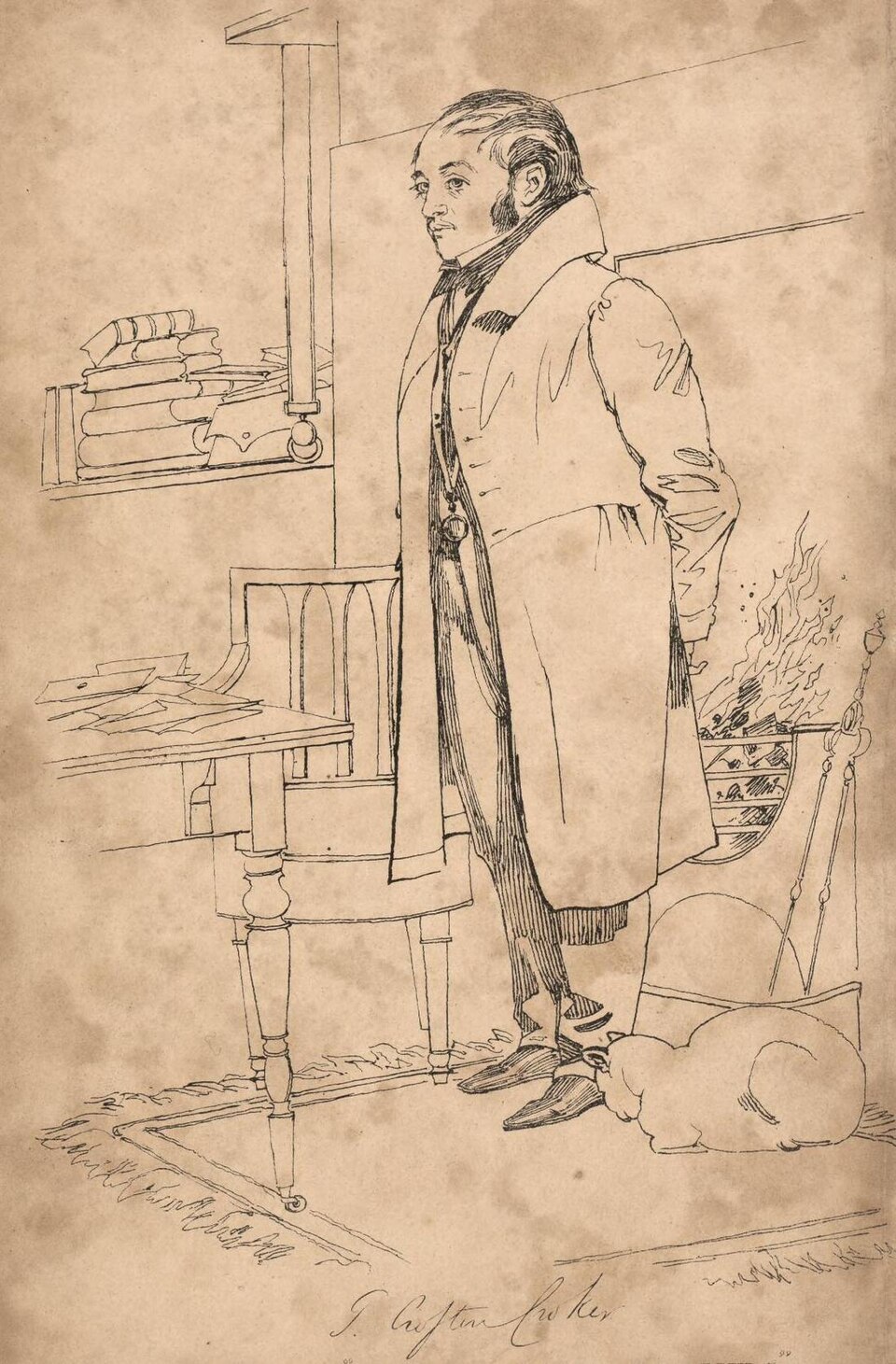 Pen-and-ink portrait sketch of Thomas Crofton Croker, author of Fairy Legends and Traditions of the South of Ireland, seated in his study