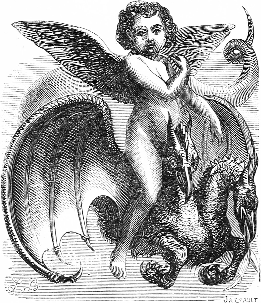 Louis Le Breton's 1863 illustration of Volac as a winged child riding a two-headed dragon