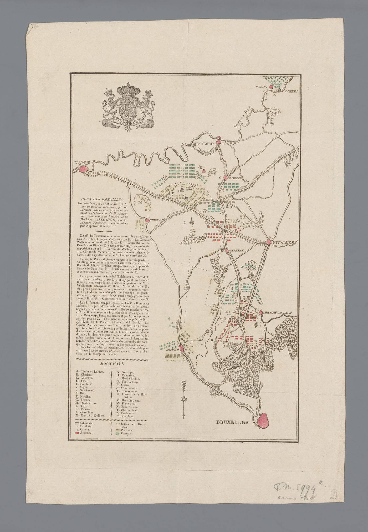 An 1815 map showing the Waterloo campaign area between Brussels and Charleroi, with army positions marked