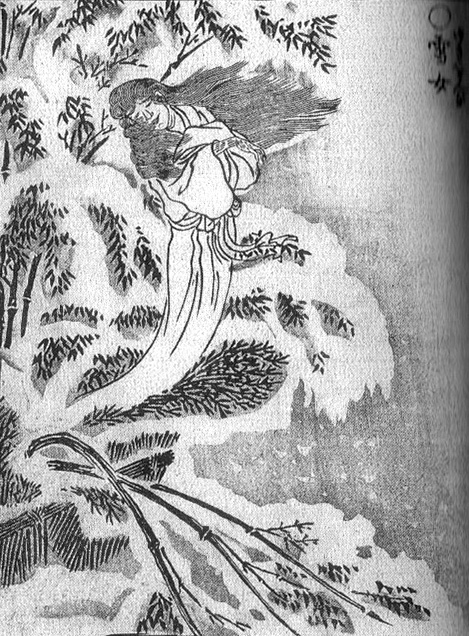 Toriyama Sekien's 18th-century woodblock print of Yuki-Onna drifting above a snow-covered landscape