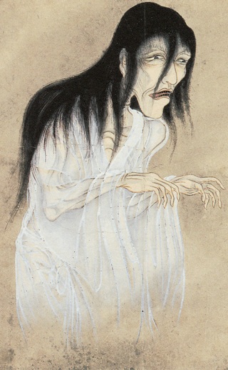 A yurei with long dark hair and trailing white robes, from the Hyakkai Zukan (Picture Scroll of a Hundred Demons)