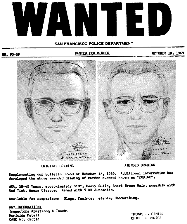 1969 San Francisco Police Department composite sketches of the unidentified Zodiac Killer