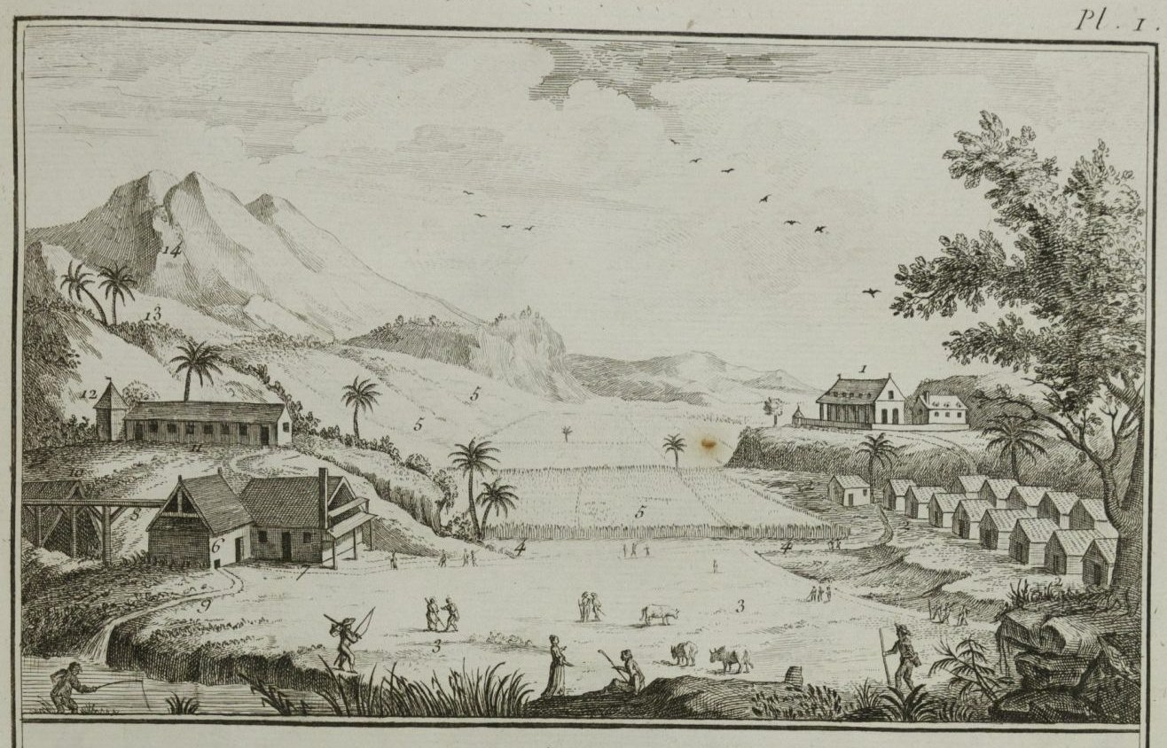 An idealized 1762 engraving of a French West Indian sugar plantation with cane fields, production buildings and quarters for enslaved workers